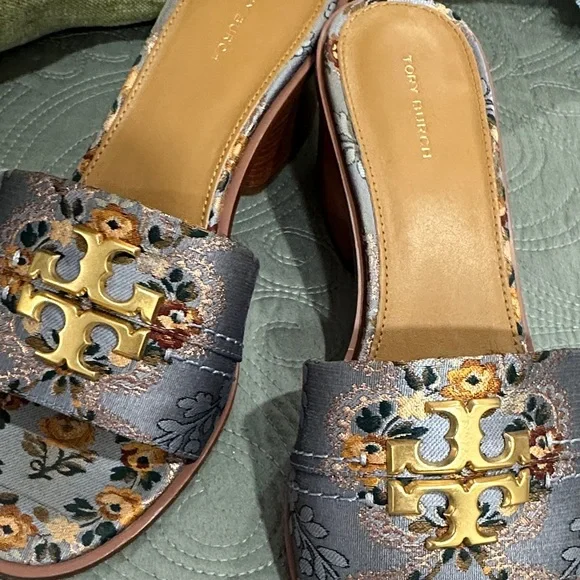 Tory Burch Metallic Bronze Floral Logo Slide Mules - Picture 2 of 6